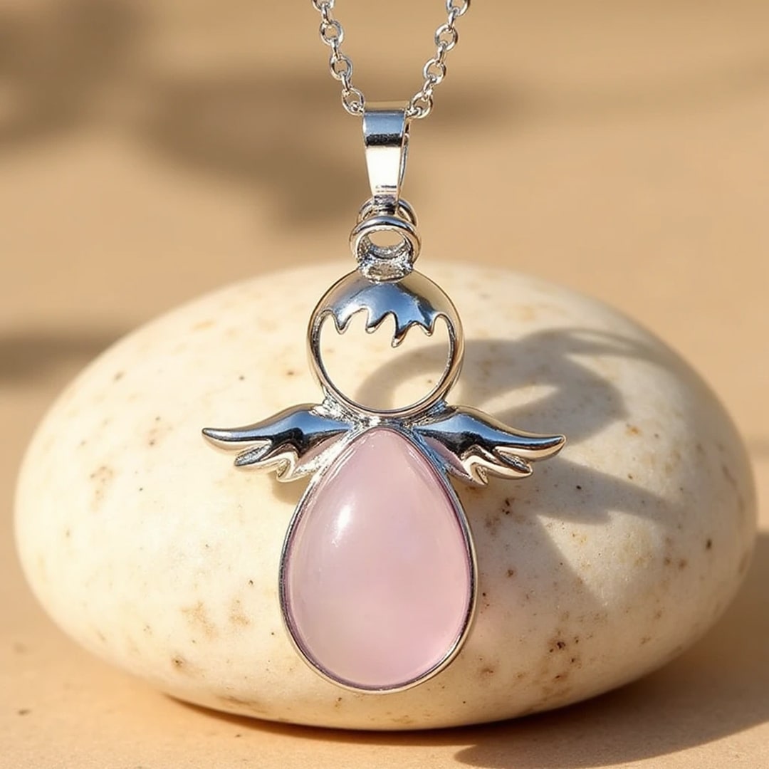 Pendentif Petit Ange et sa Pierre Naturelle - Quartz Rose - L'Arbre des Chakras