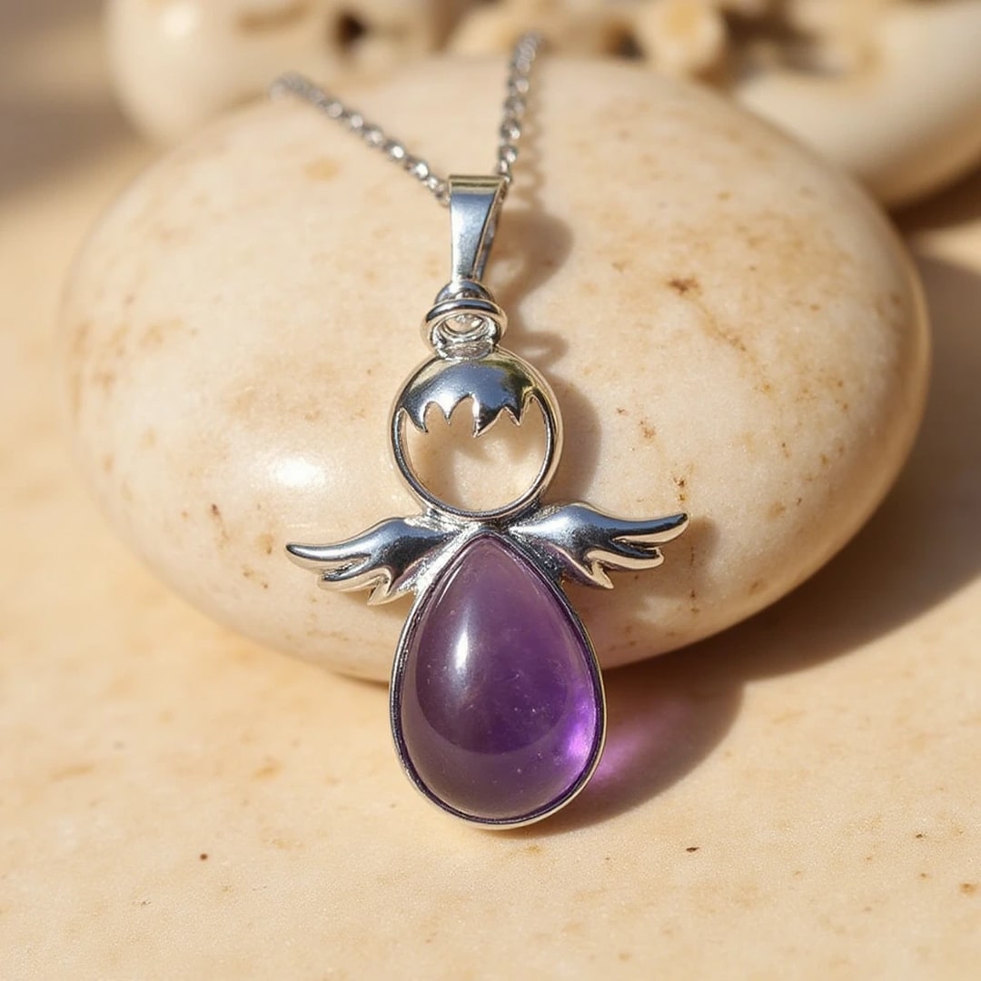 Pendentif Petit Ange et sa Pierre Naturelle - Améthyste - L'Arbre des Chakras
