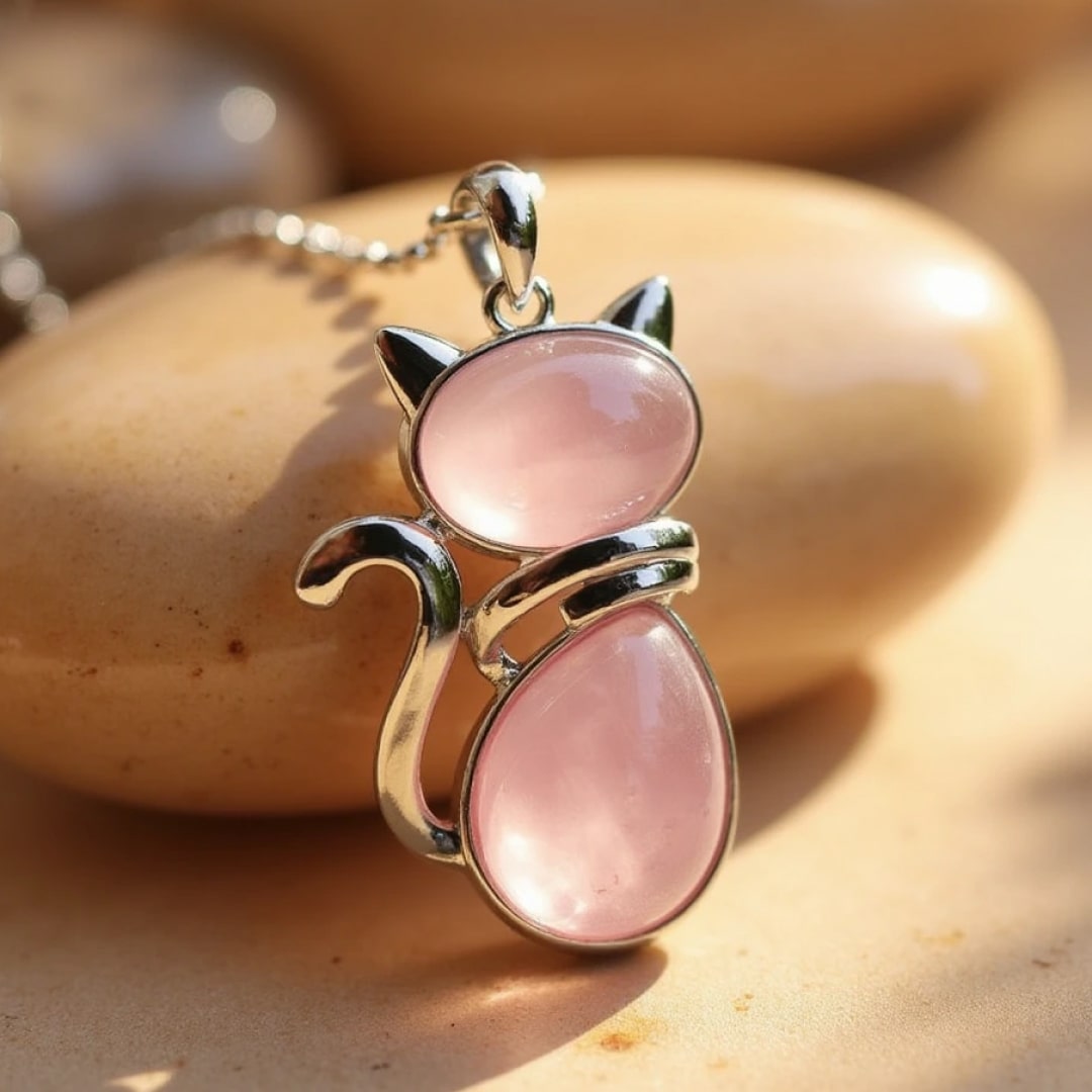 Pendentif Chat en Pierre Naturelle - Quartz Rose - L'Arbre des Chakras