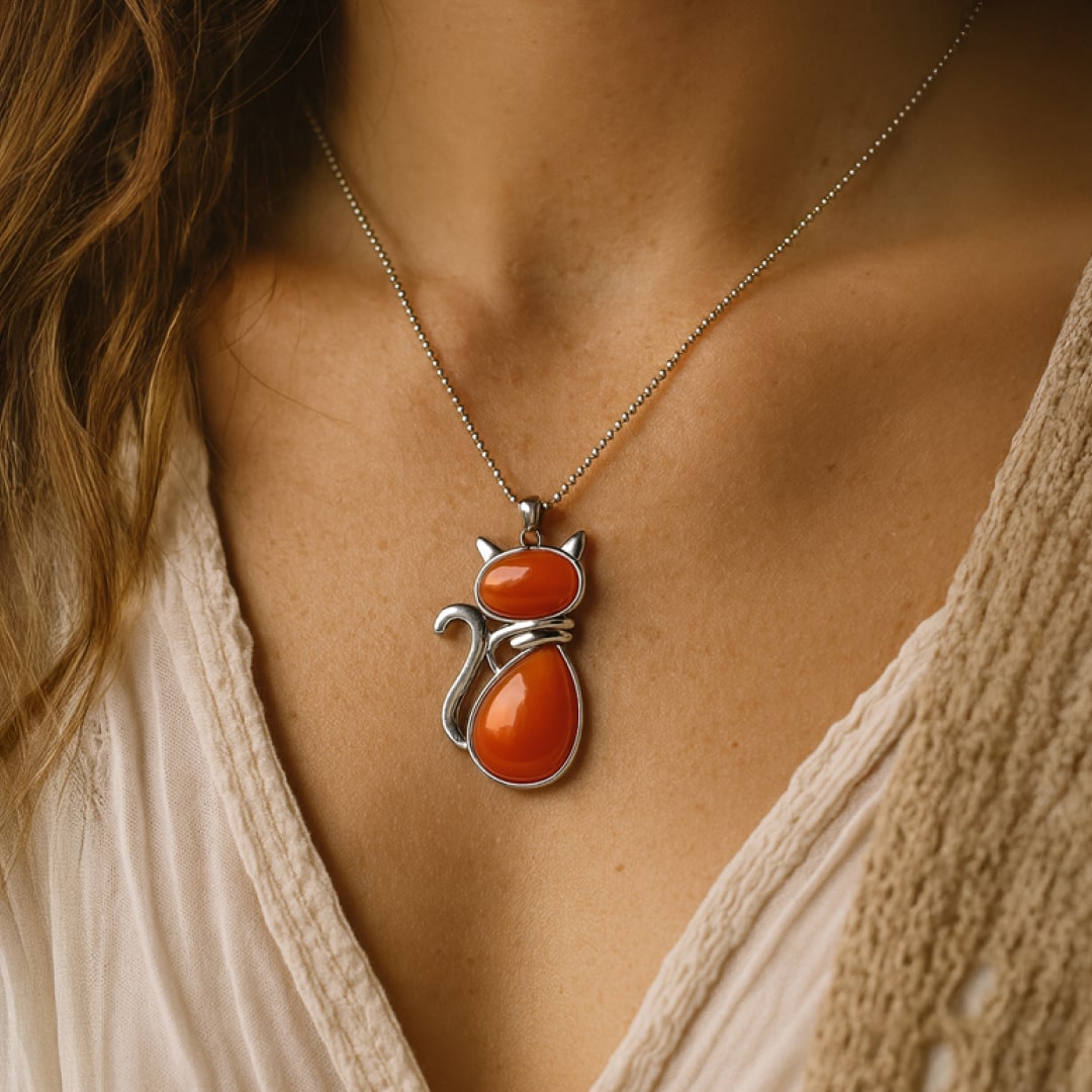 Cat Pendant in Natural Stone