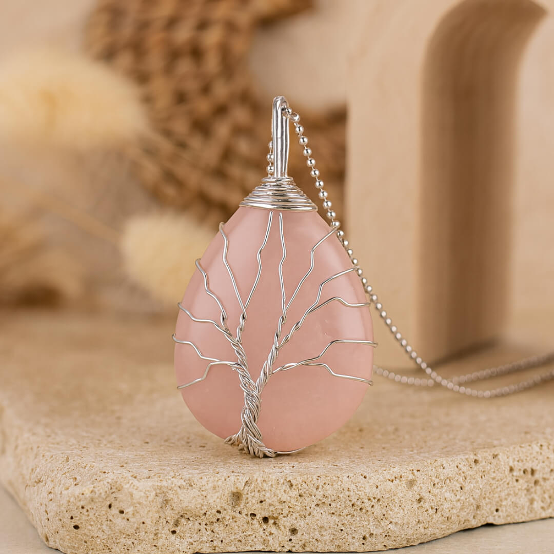 Pendentif Arbre de Guérison en Pierre Naturelle - Quartz Rose - L'Arbre des Chakras
