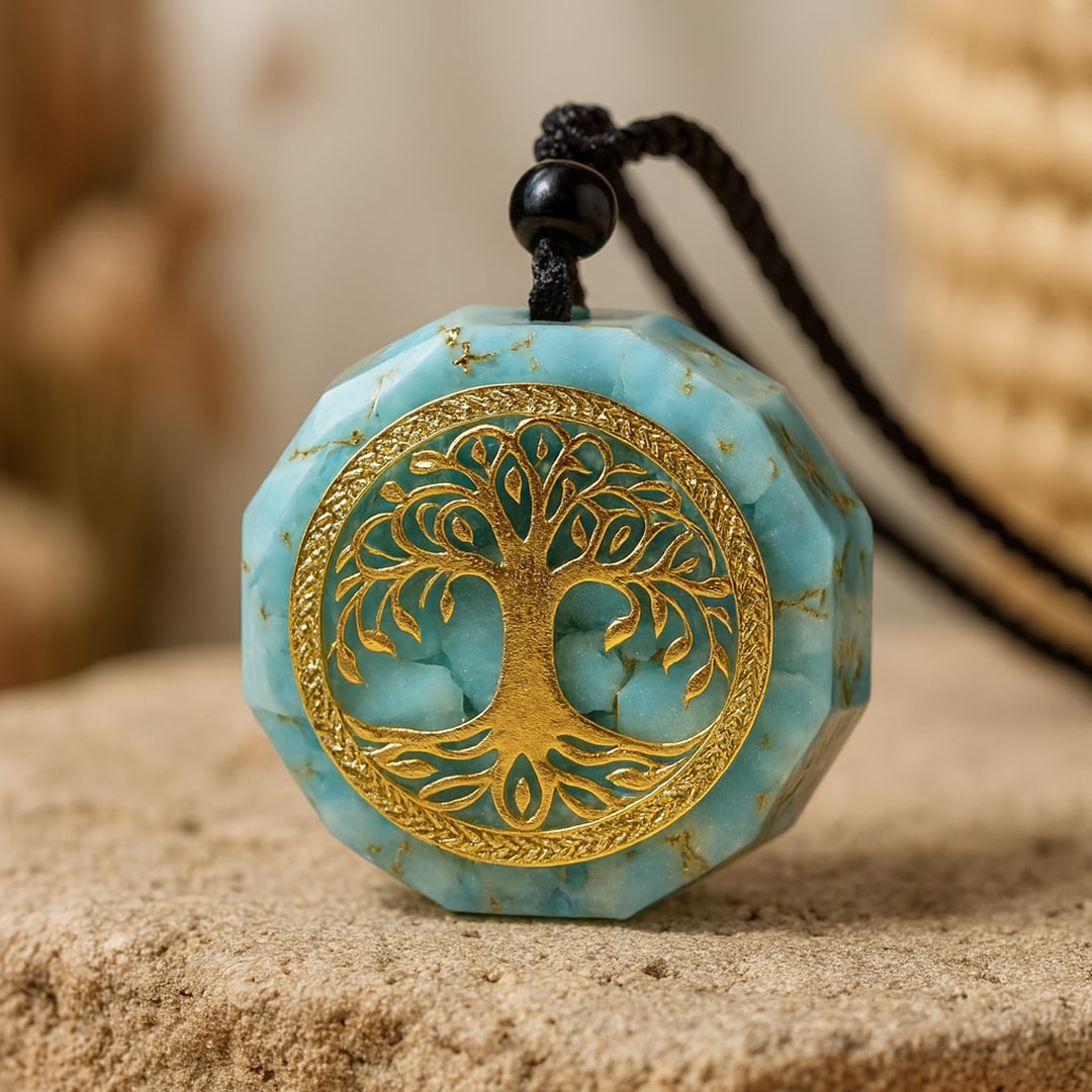 Pendentif Orgonite "Anahata" en Turquoise - Arbre Or - L'Arbre des Chakras